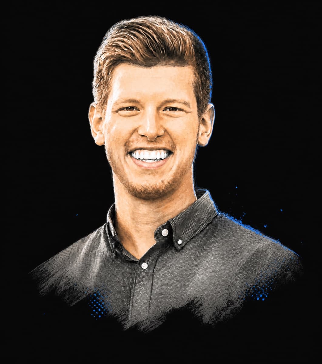 An animated editorial portrait of Justin Hendrickson smiling