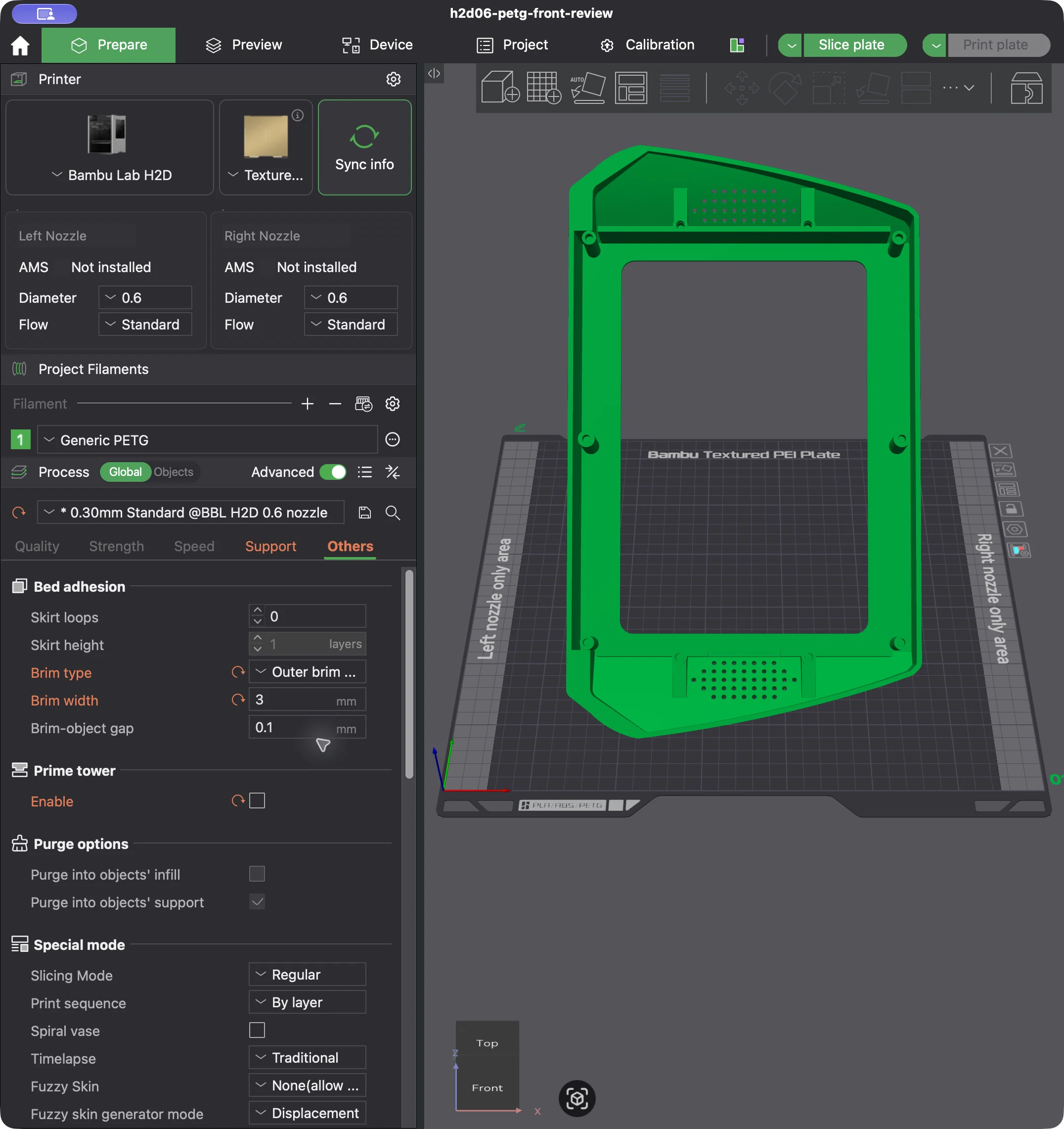 Actual Bambu Studio bed-adhesion panel showing a 3 millimeter outer brim and 0.1 millimeter object gap