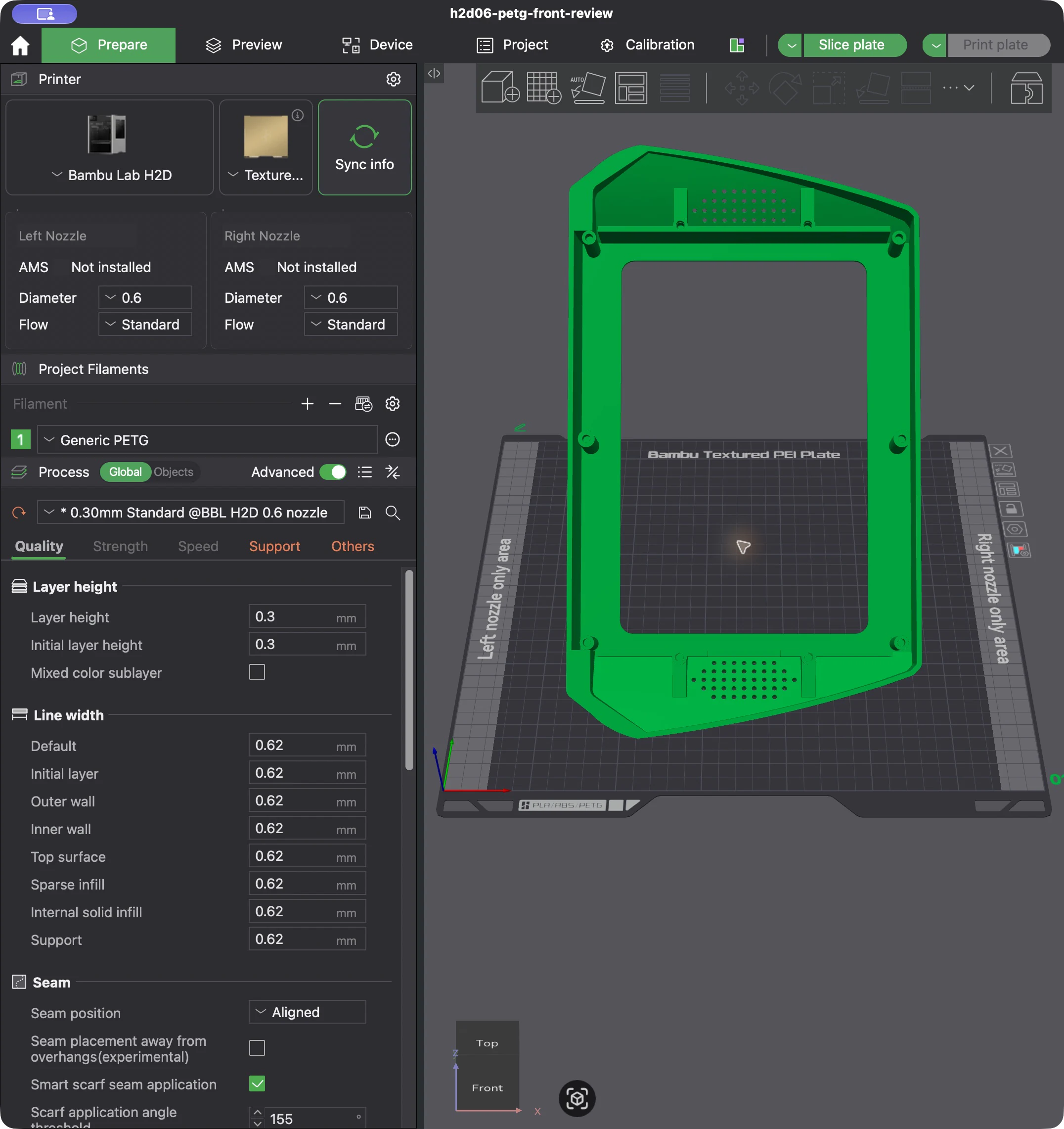 Actual Bambu Studio Prepare screen showing the full-size front shell with H2D, 0.6 millimeter nozzle, Generic PETG, and 0.30 millimeter process settings