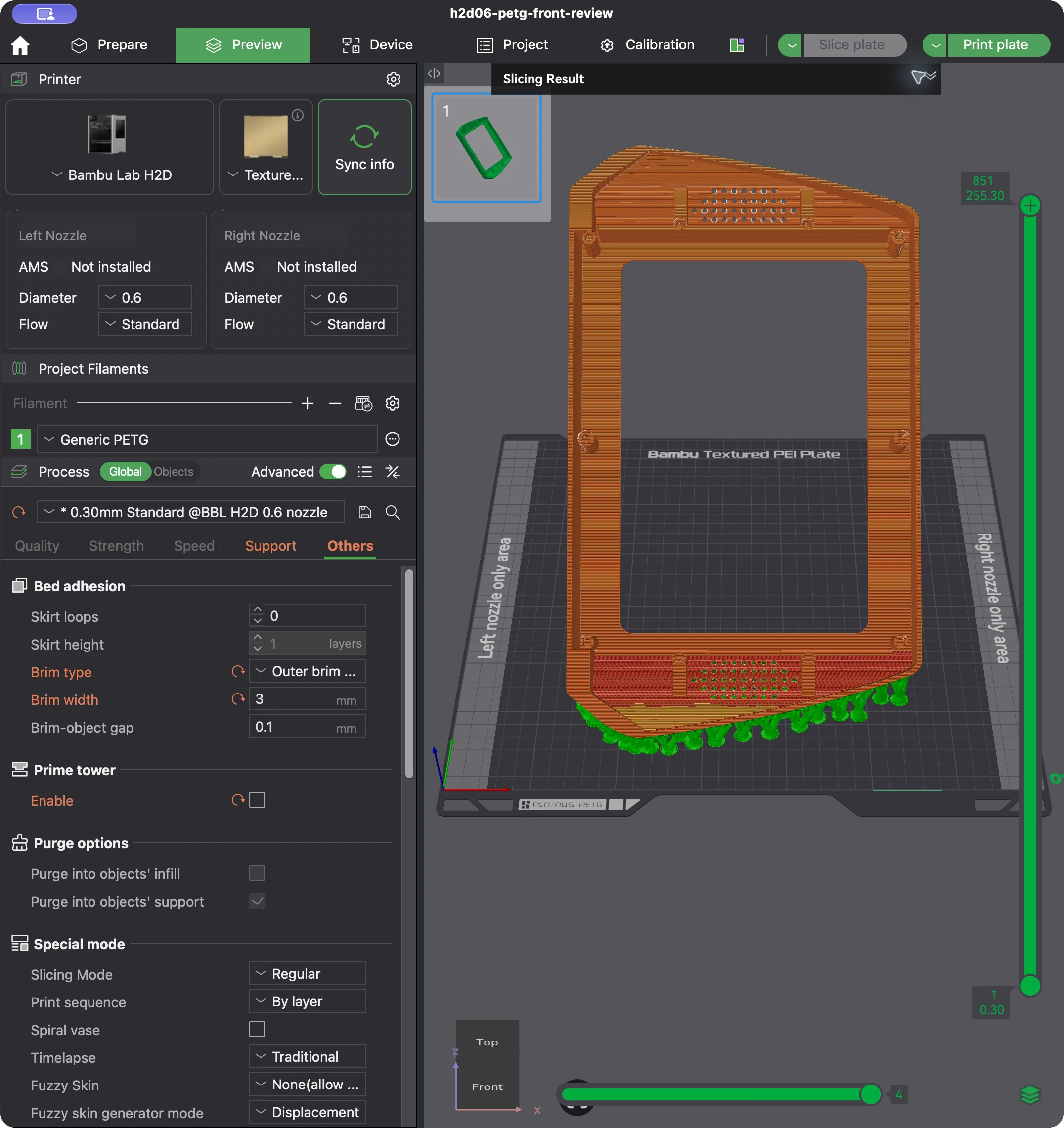 Actual Bambu Studio Preview showing orange front-shell toolpaths and green tree supports