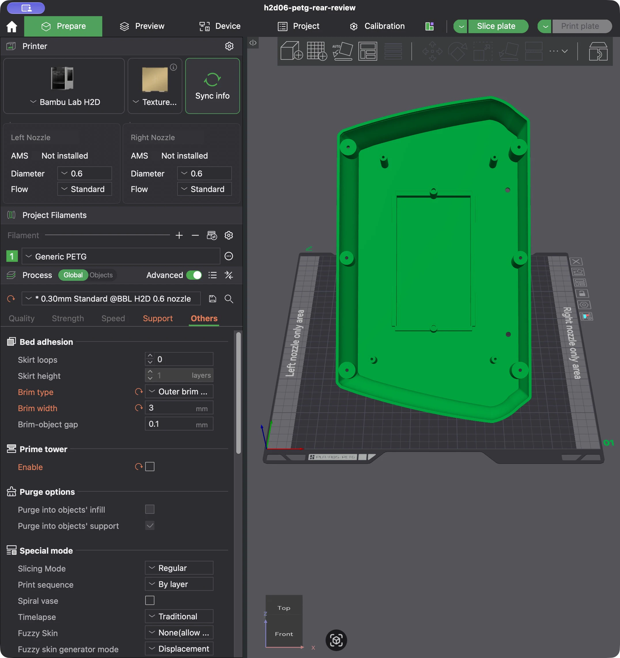 Actual Bambu Studio Prepare screen showing the full-size rear carrier tilted with its interior facing upward