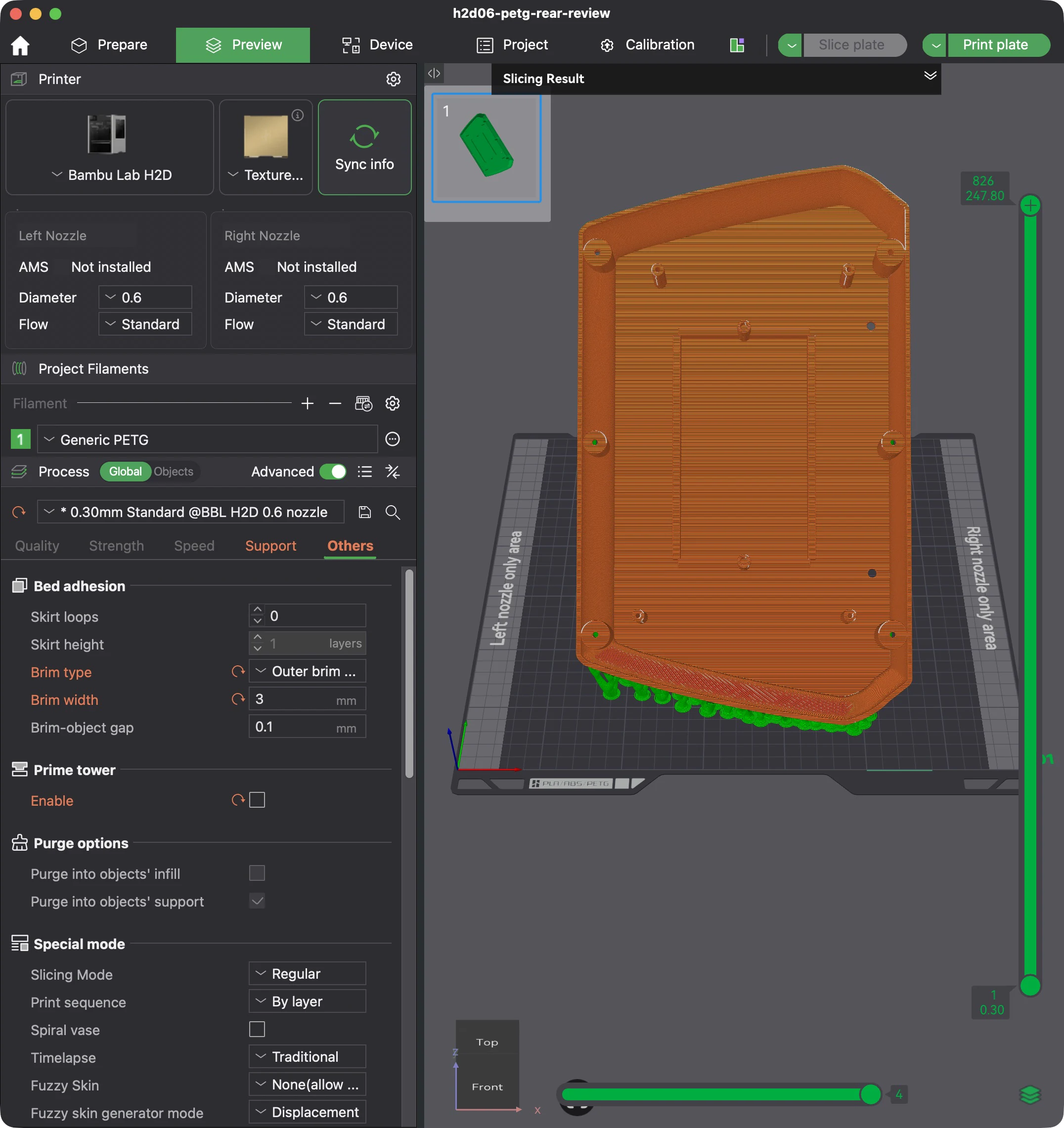 Actual Bambu Studio Preview showing orange interior-up rear-carrier toolpaths and green tree supports