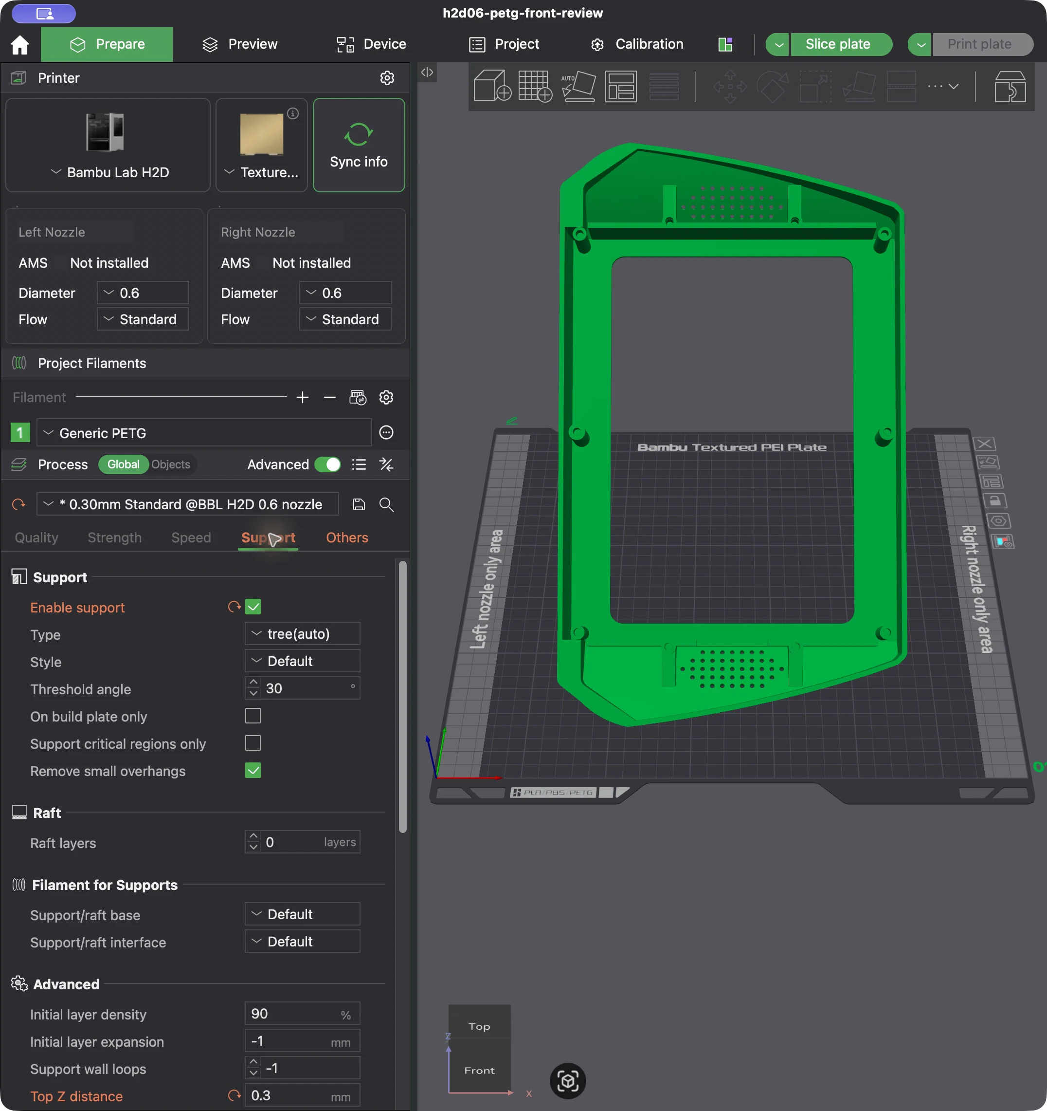 Actual Bambu Studio support panel showing tree automatic supports and a 30 degree threshold