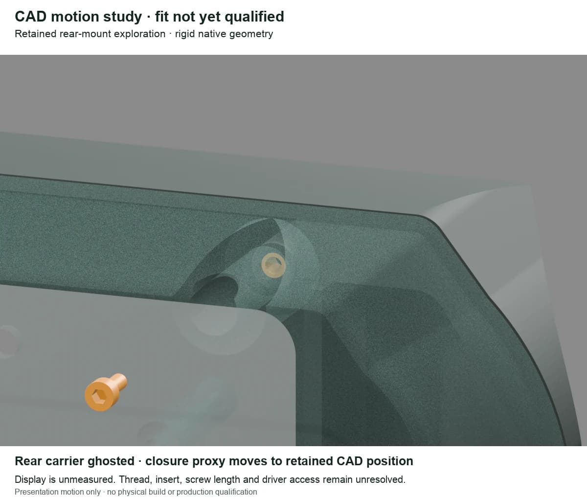 Close-up CAD motion study of one amber shell-closure screw proxy approaching its recess through a ghosted rear carrier