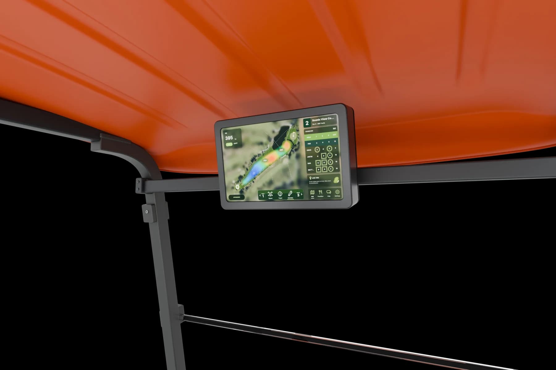 Blender-derived golf-cart canopy scene with a Golf One touchscreen mounted beneath the roof