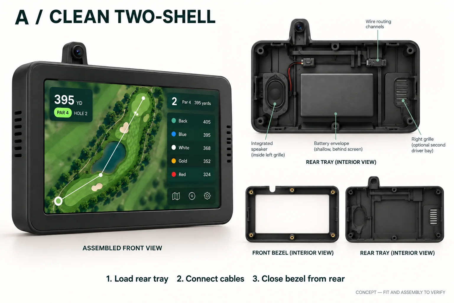 Early generated clean two-shell golf-cart display concept with front, rear, and interior views