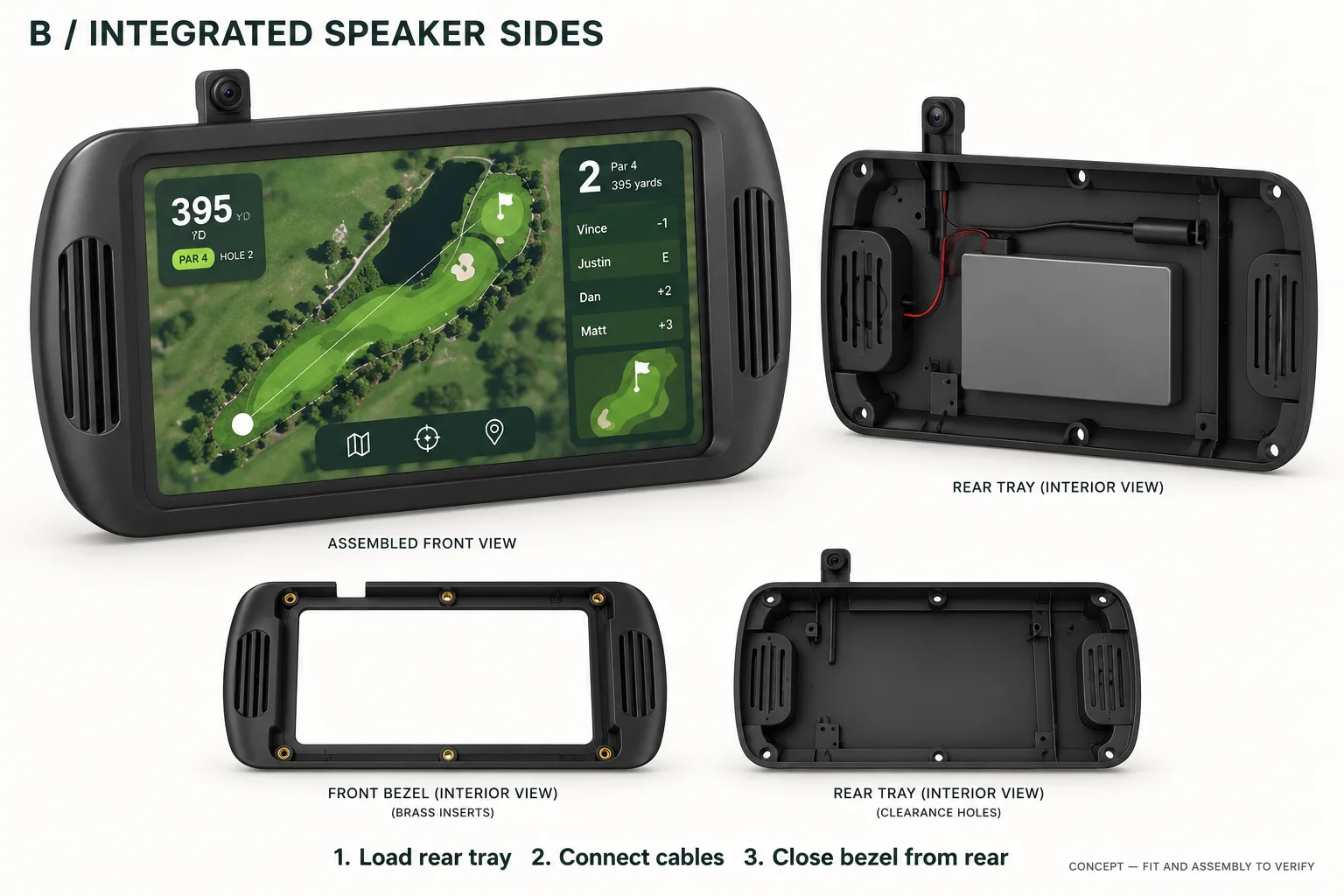 Early generated golf-cart display concept with speaker zones integrated into both sides
