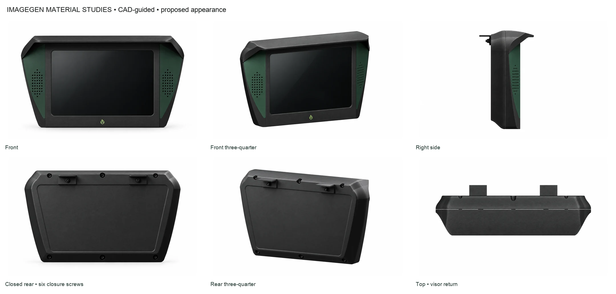 CAD-guided generated material study showing front, front-quarter, side, rear, rear-quarter, and top views