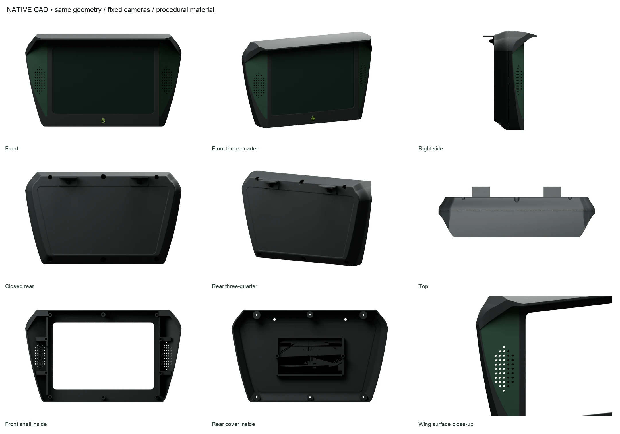 The first Golf One display CAD prototype shown from front, side, rear, top, and interior views