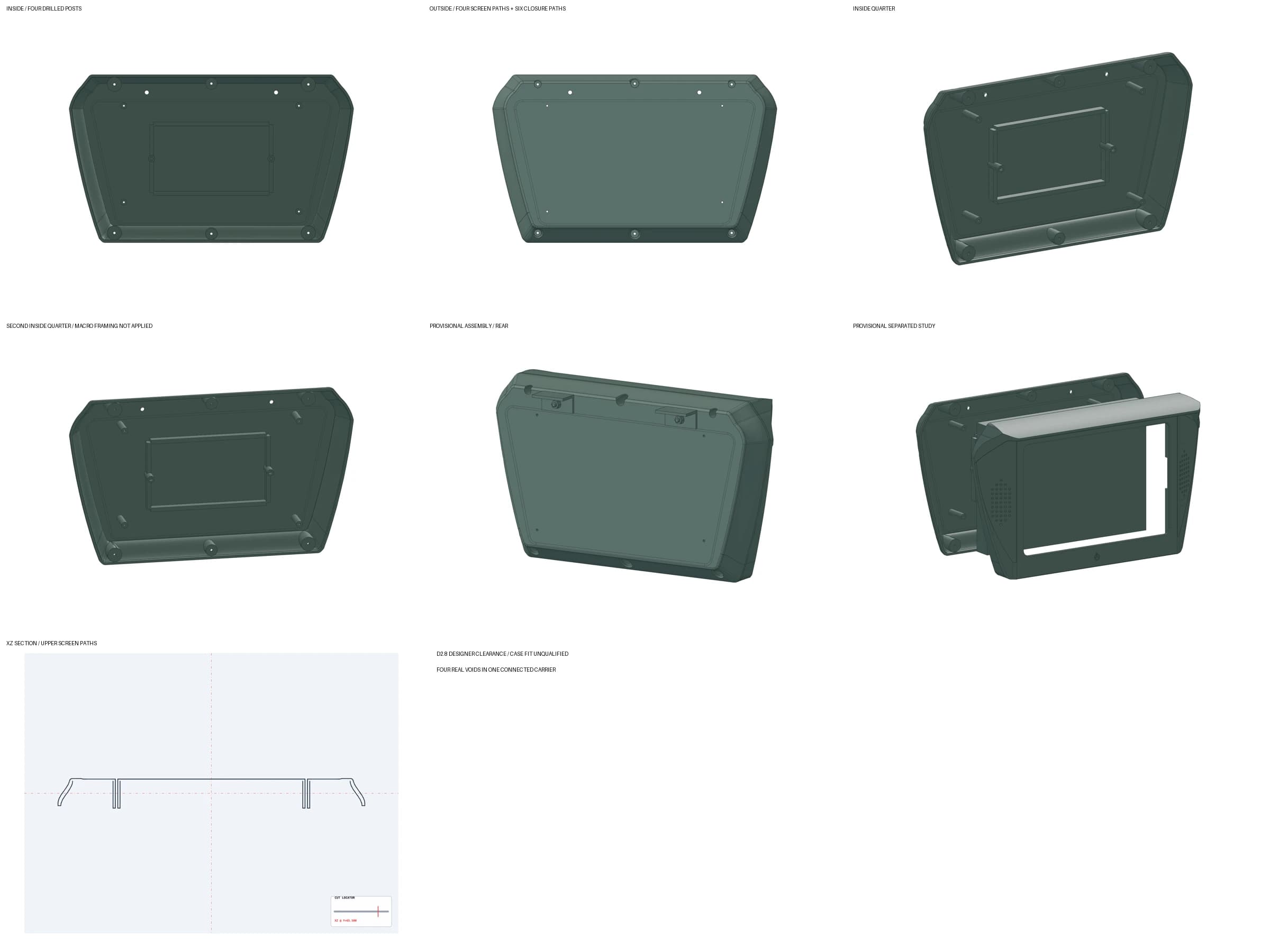 Native CAD review showing the rear enclosure, four screen clearance paths, six separate shell-closure paths, assembled and exploded views, and a section