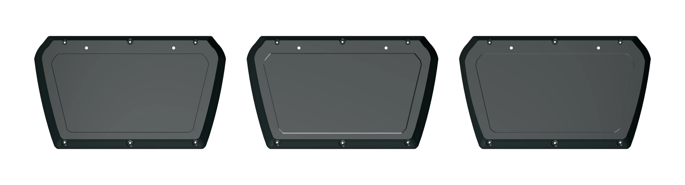 Three native CAD rear-cover alternatives shown side by side: a simple inset, a raised beveled treatment, and a softer recessed treatment