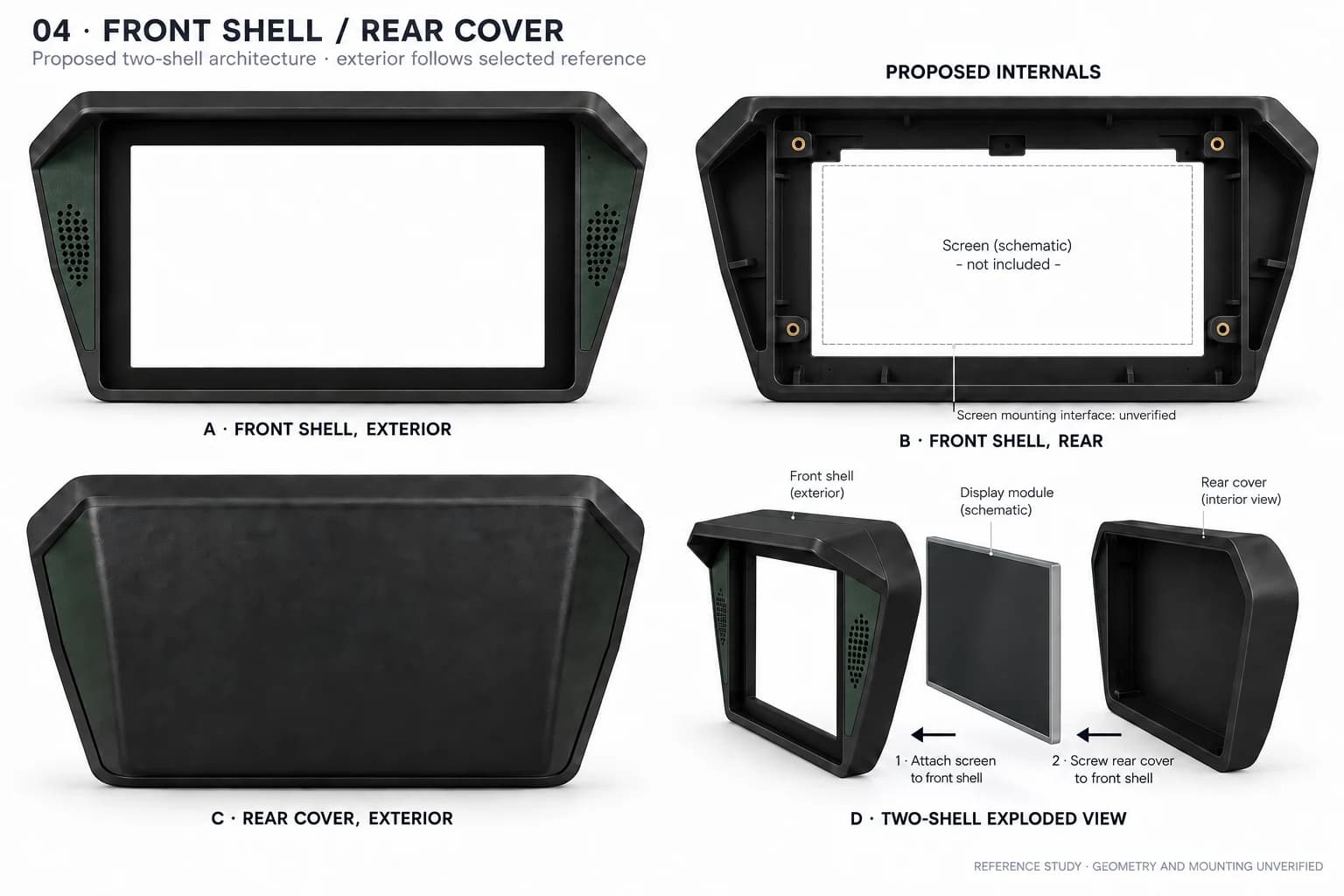 Generated study proposing front and rear shells around a schematic screen, including an exploded assembly view