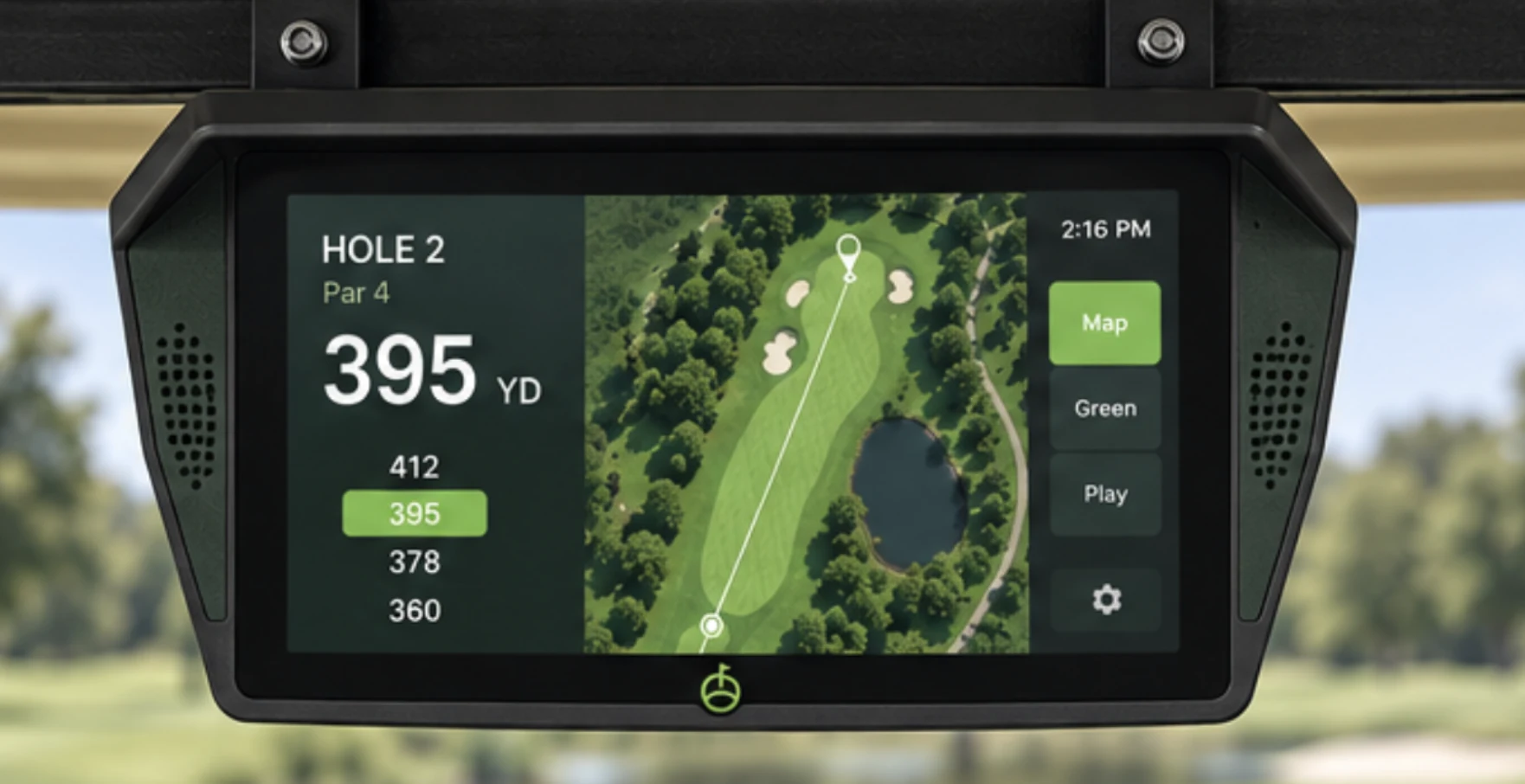 Generated front reference of a golf-cart display with a black visor, dark-green side wings, a wide upper body, and a tapered lower bezel