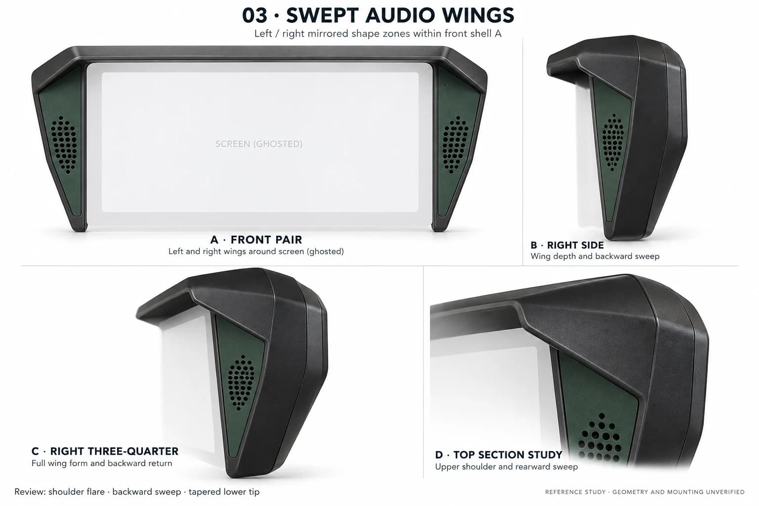 Generated four-view study of swept audio wings around a ghosted display